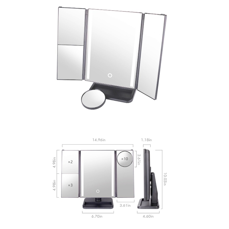 Зеркало для макияжа с подсветкой BEALUXUR, складной светодиод, 1X 2X, 3X 10X, увеличительное зеркало для макияжа, сенсорный экран, двойной источник питания, вращение на 180 градусов